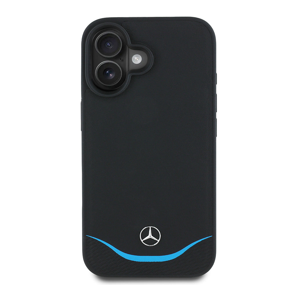 Apple iPhone 16 Kılıf Mercedes Benz Orjinal Lisanslı M-safe Şarj Özellikli 3D Metal Logolu Mavi Yatay Eğri Çizgili Deri Kapak