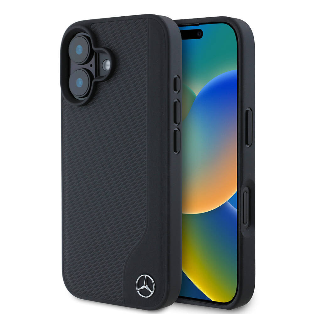 Apple iPhone 16 Kılıf Mercedes Benz Orjinal Lisanslı M-safe Şarj Özellikli 3D Metal Logolu Wood Imitation Deri Kapak Siyah