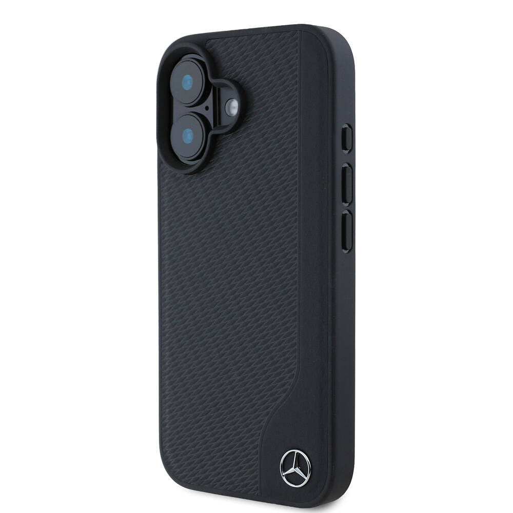 Apple iPhone 16 Kılıf Mercedes Benz Orjinal Lisanslı M-safe Şarj Özellikli 3D Metal Logolu Wood Imitation Deri Kapak Siyah