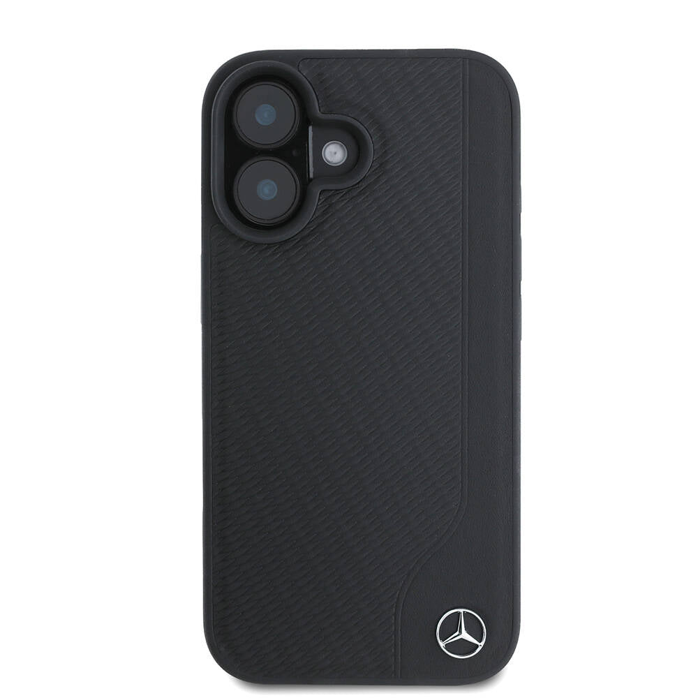 Apple iPhone 16 Kılıf Mercedes Benz Orjinal Lisanslı M-safe Şarj Özellikli 3D Metal Logolu Wood Imitation Deri Kapak Siyah