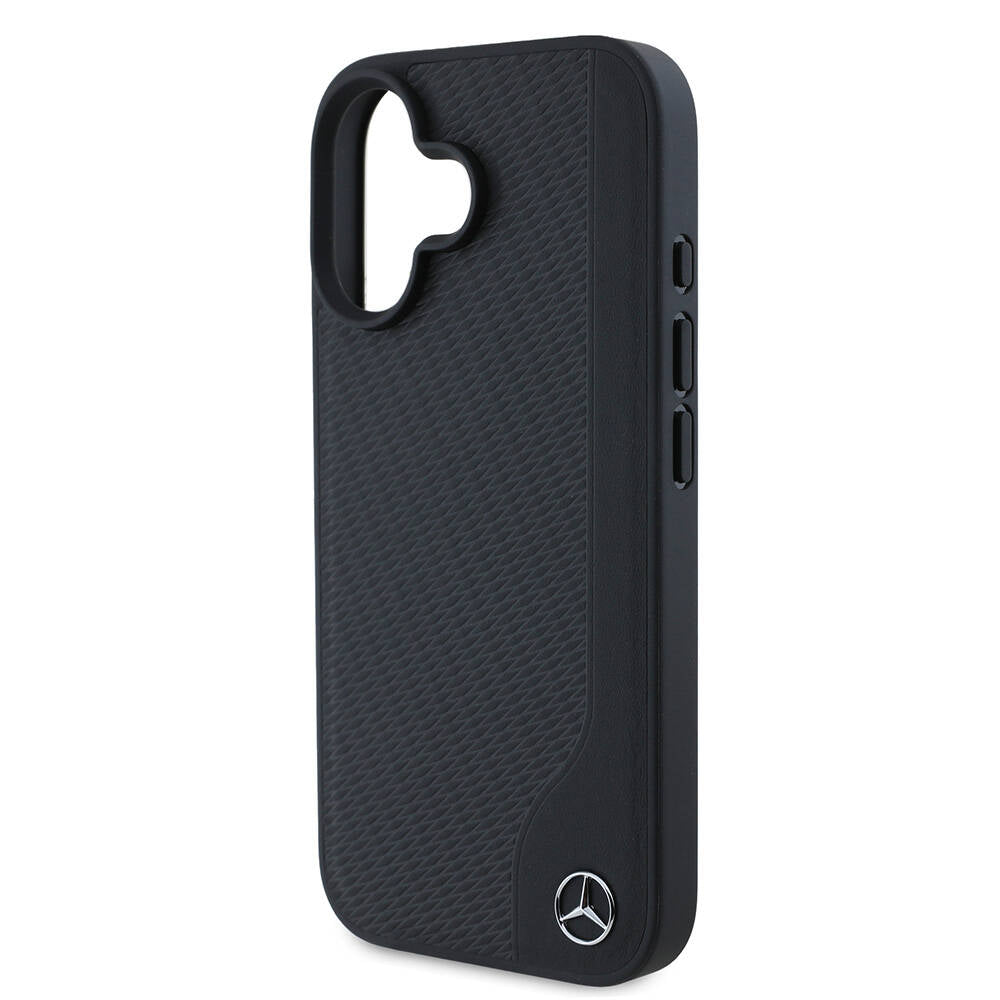Apple iPhone 16 Kılıf Mercedes Benz Orjinal Lisanslı M-safe Şarj Özellikli 3D Metal Logolu Wood Imitation Deri Kapak Siyah