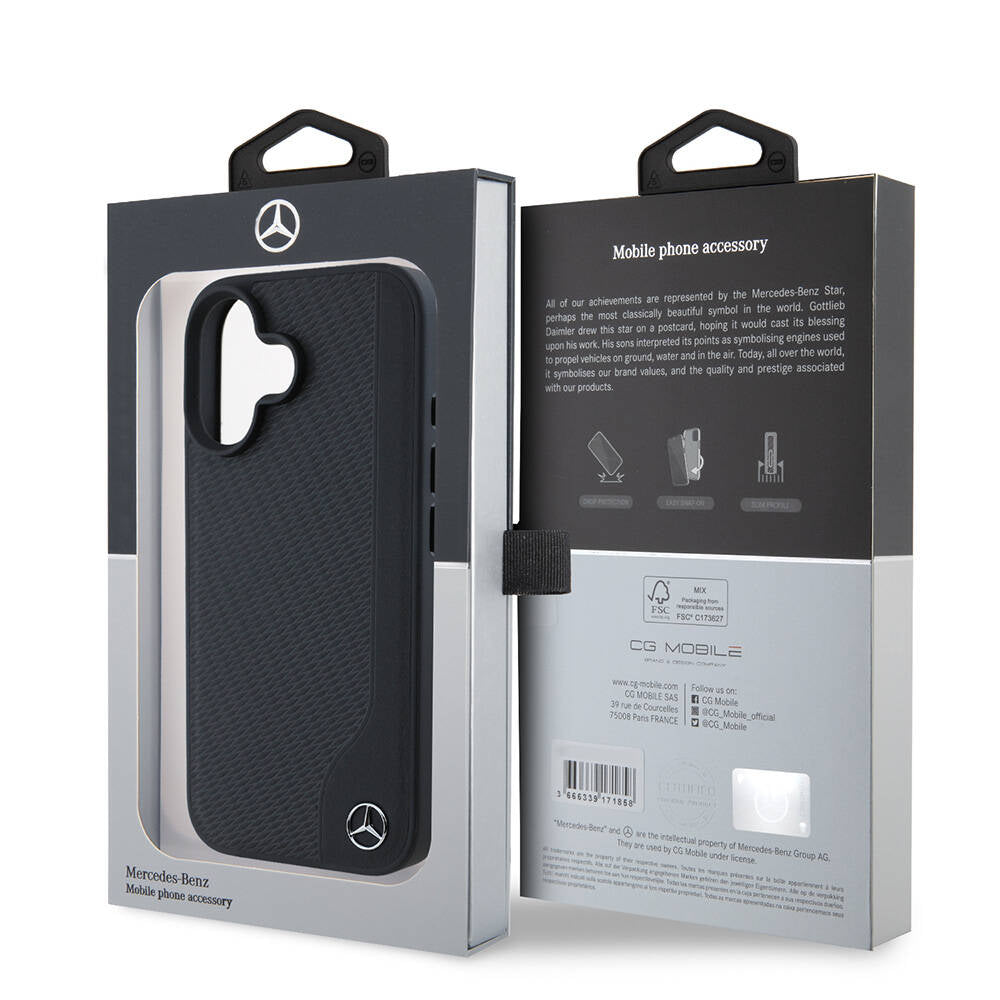 Apple iPhone 16 Kılıf Mercedes Benz Orjinal Lisanslı M-safe Şarj Özellikli 3D Metal Logolu Wood Imitation Deri Kapak Siyah
