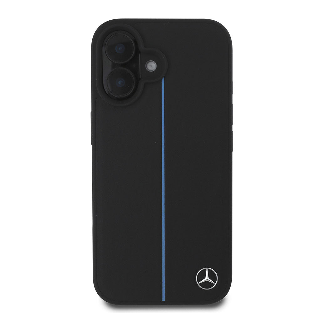 Apple iPhone 16 Kılıf Mercedes Benz Orjinal Lisanslı M-safe Şarj Özellikli Metal Yıldız Logolu Mavi Çizgili Deri Kapak Siyah