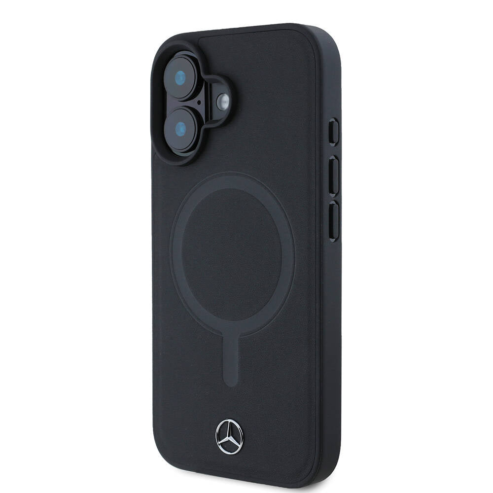 Apple iPhone 16 Kılıf Mercedes Benz Orjinal Lisanslı M-safe Şarj Özellikli Metal Yıldız Logolu Sade Pürüzsüz Deri Kapak Siyah