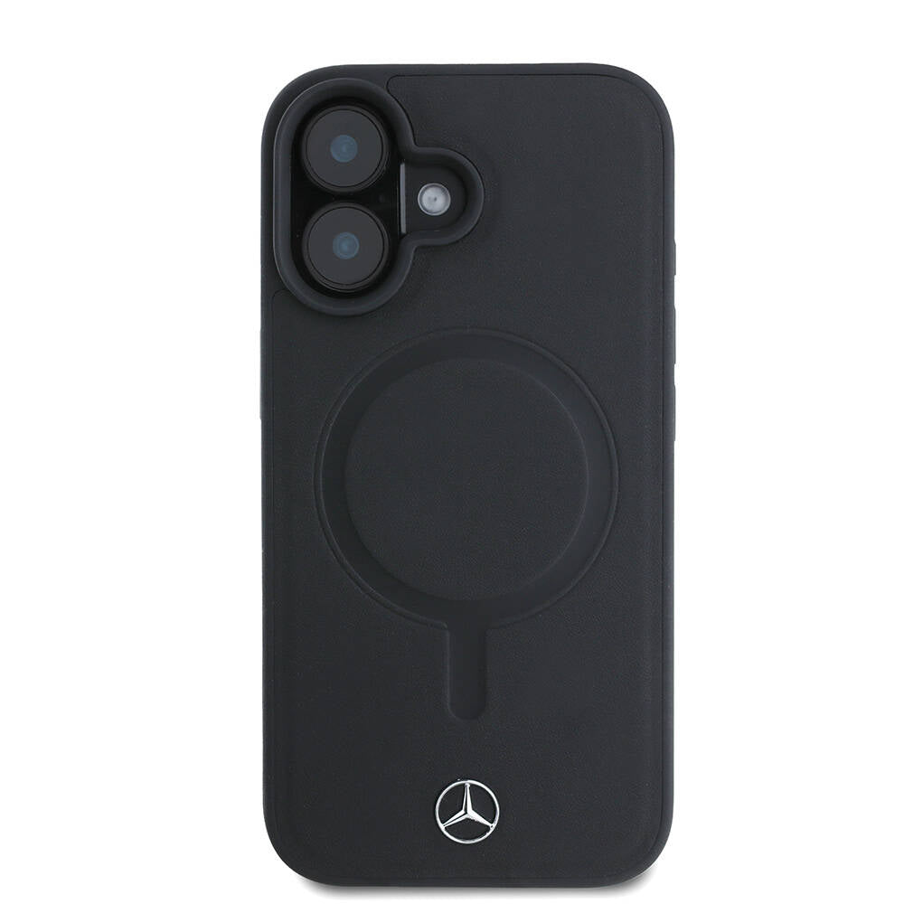 Apple iPhone 16 Kılıf Mercedes Benz Orjinal Lisanslı M-safe Şarj Özellikli Metal Yıldız Logolu Sade Pürüzsüz Deri Kapak Siyah
