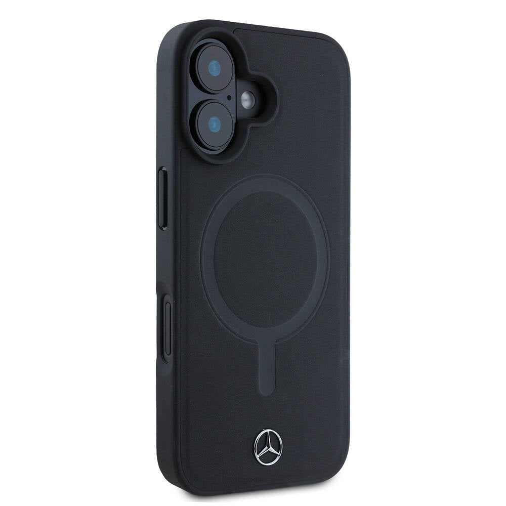 Apple iPhone 16 Kılıf Mercedes Benz Orjinal Lisanslı M-safe Şarj Özellikli Metal Yıldız Logolu Sade Pürüzsüz Deri Kapak Siyah