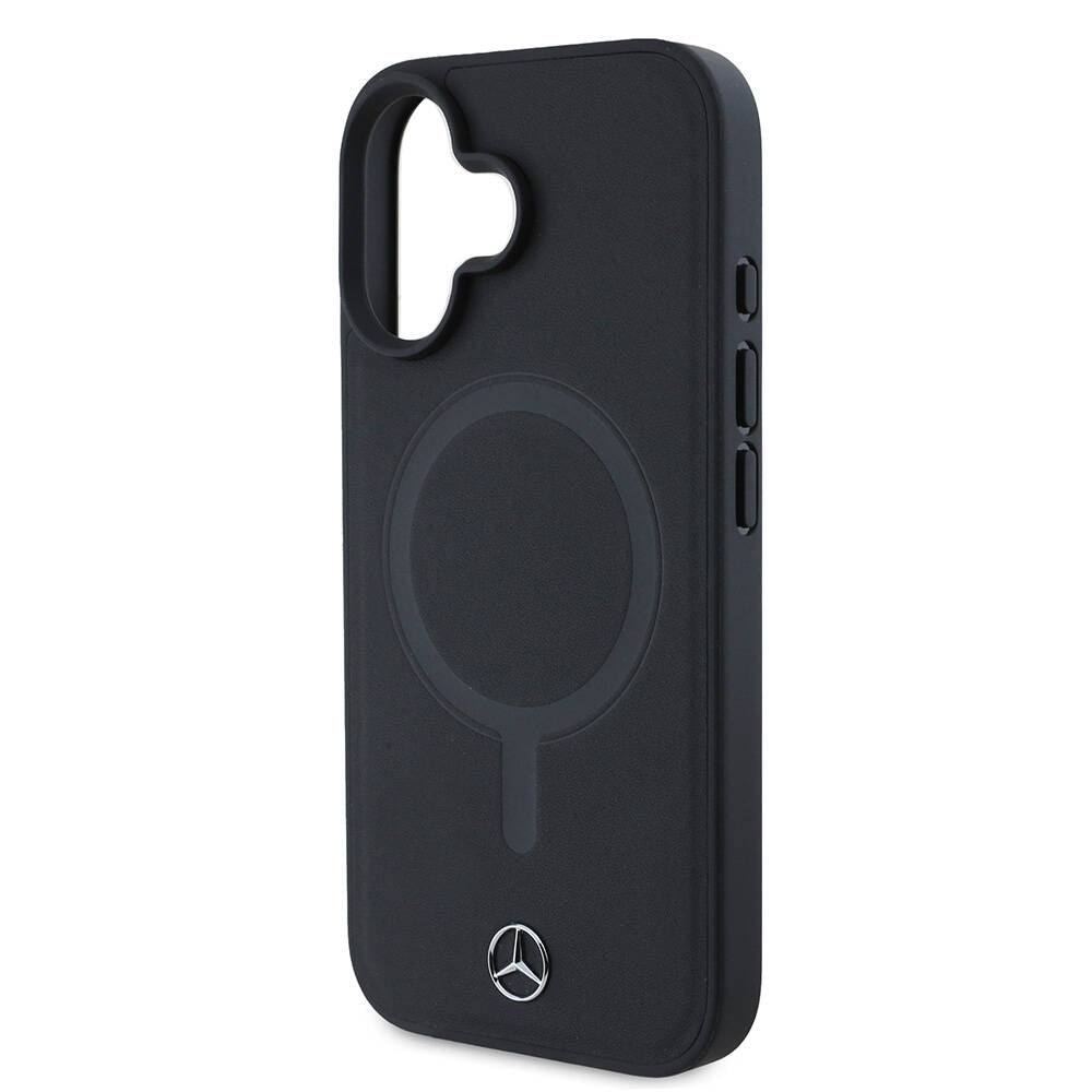 Apple iPhone 16 Kılıf Mercedes Benz Orjinal Lisanslı M-safe Şarj Özellikli Metal Yıldız Logolu Sade Pürüzsüz Deri Kapak Siyah