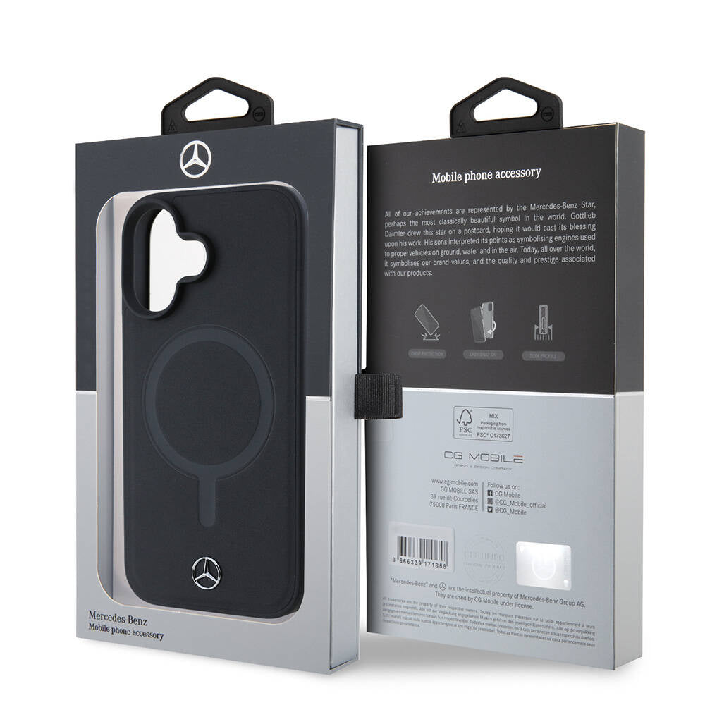 Apple iPhone 16 Kılıf Mercedes Benz Orjinal Lisanslı M-safe Şarj Özellikli Metal Yıldız Logolu Sade Pürüzsüz Deri Kapak Siyah