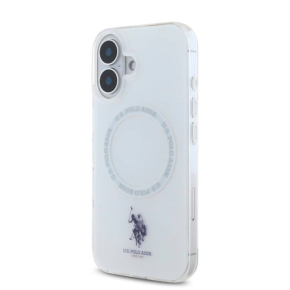 Apple iPhone 16 Kılıf U.S. Polo Assn. Orjinal Lisanslı M-safe Şarj Özellikli IML Double Horse Logolu Ring Kapak Beyaz