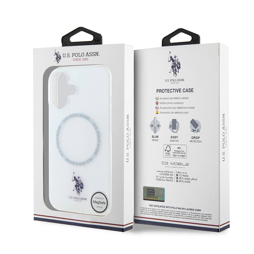 Apple iPhone 16 Kılıf U.S. Polo Assn. Orjinal Lisanslı M-safe Şarj Özellikli IML Double Horse Logolu Ring Kapak Beyaz