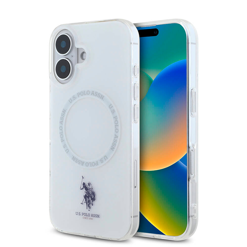 Apple iPhone 16 Kılıf U.S. Polo Assn. Orjinal Lisanslı M-safe Şarj Özellikli IML Double Horse Logolu Ring Kapak Beyaz