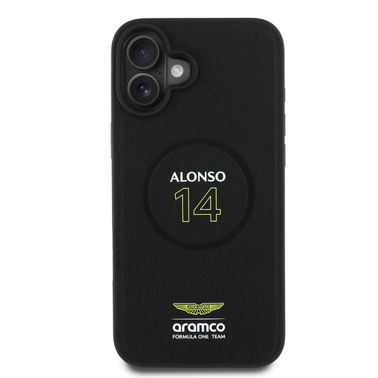 Apple iPhone 16 Plus Kılıf Aston Martin Orjinal Lisanslı M-safe Şarj Özellikli PU Deri Alonso 14 Baskılı Kapak