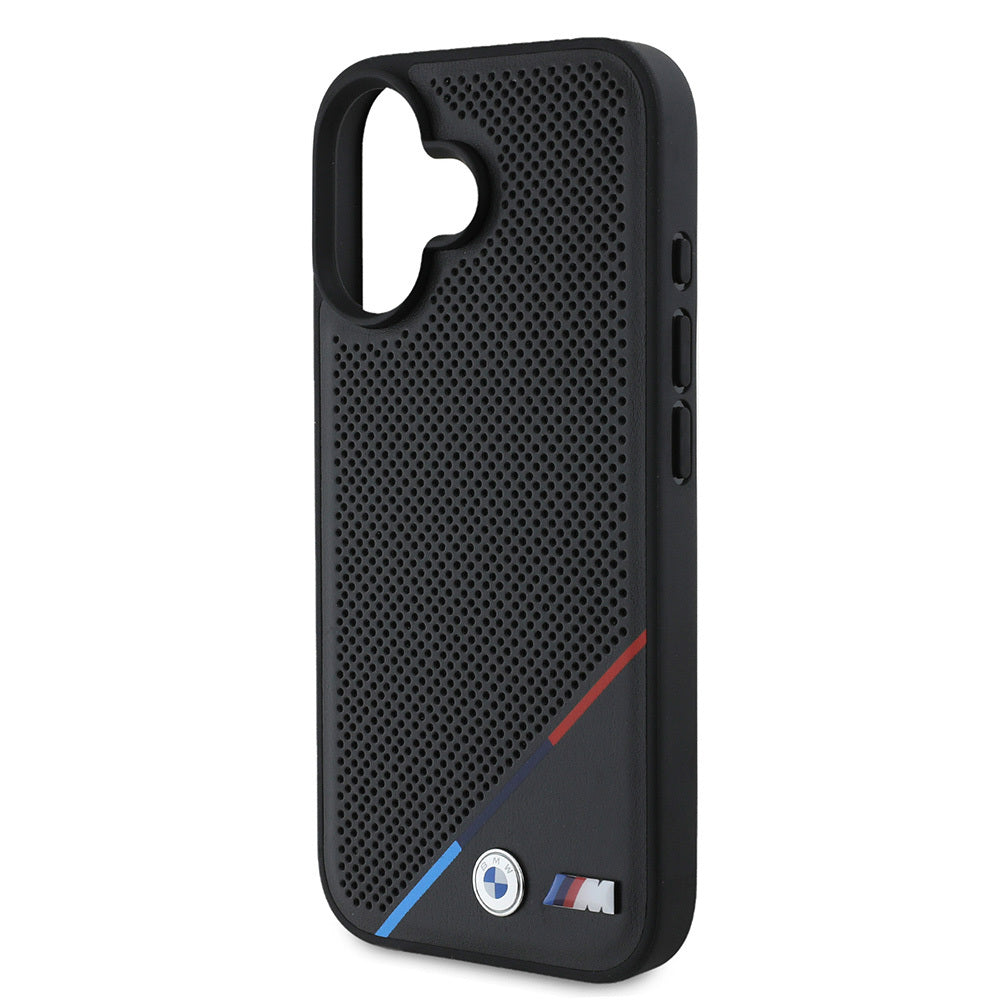 Apple iPhone 16 Plus Kılıf BMW Orjinal Lisanslı M-safe Şarj Özellikli M Logolu Üç Çizgili Delikli Deri Kapak Siyah