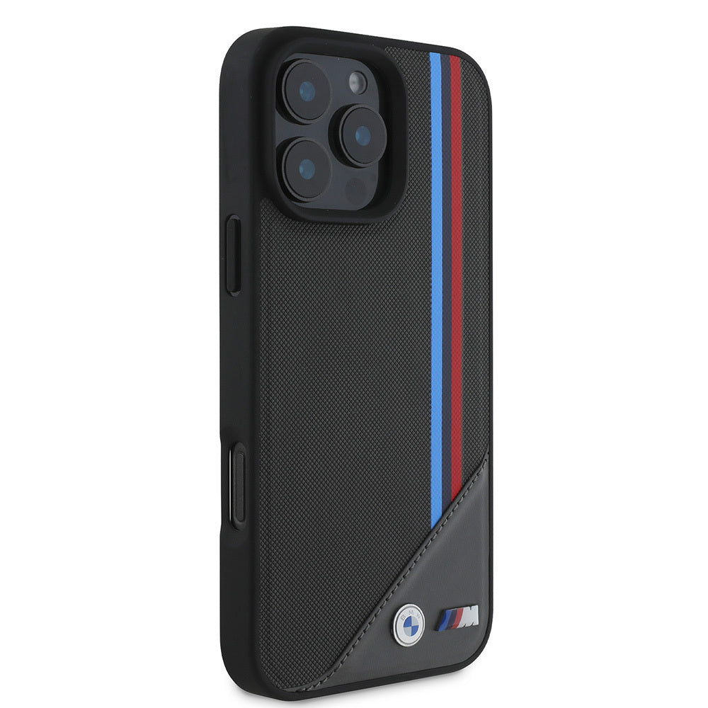 Apple iPhone 16 Plus Kılıf BMW Orjinal Lisanslı M-safe Şarj Özellikli M Logolu Üç Çizgili Dikiş Detaylı Meshed Tricolor Stripes Kapak Siyah