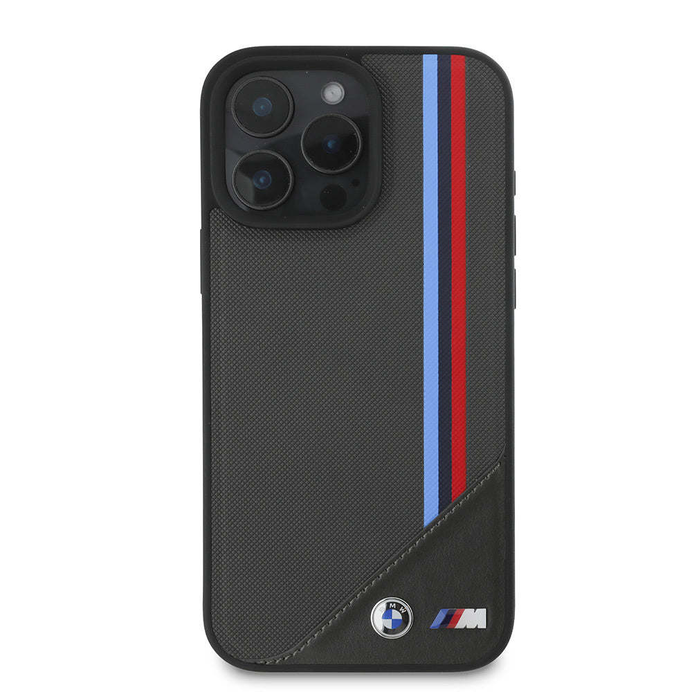 Apple iPhone 16 Plus Kılıf BMW Orjinal Lisanslı M-safe Şarj Özellikli M Logolu Üç Çizgili Dikiş Detaylı Meshed Tricolor Stripes Kapak Siyah