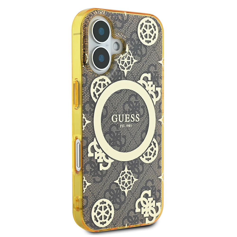 Apple iPhone 16 Plus Kılıf Guess Orjinal Lisanslı M-safe Şarj Özellikli 4G Desenli IML Yazı Logolu Peony Kapak Pembe