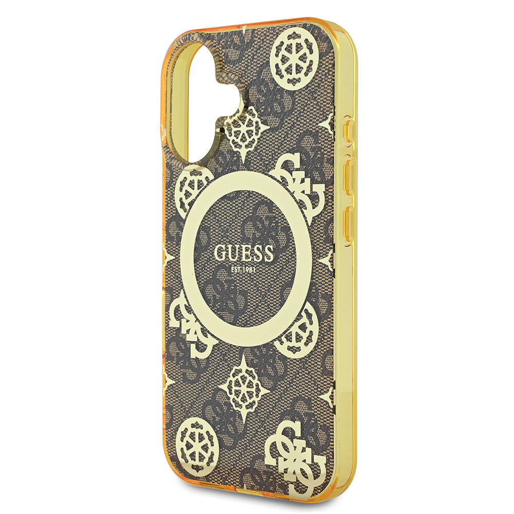 Apple iPhone 16 Plus Kılıf Guess Orjinal Lisanslı M-safe Şarj Özellikli 4G Desenli IML Yazı Logolu Peony Kapak Kahverengi