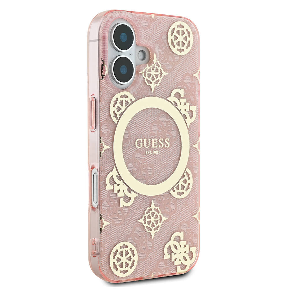 Apple iPhone 16 Plus Kılıf Guess Orjinal Lisanslı M-safe Şarj Özellikli 4G Desenli IML Yazı Logolu Peony Kapak Pembe