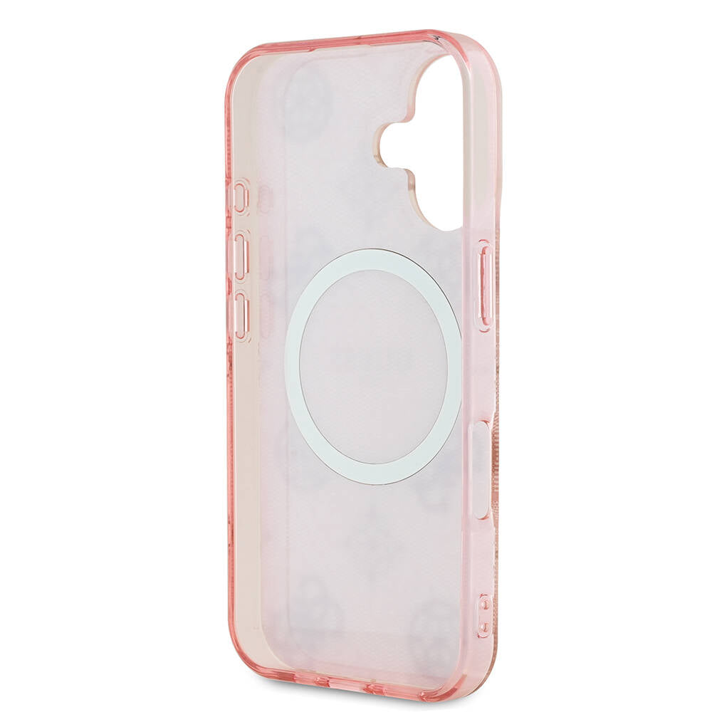 Apple iPhone 16 Plus Kılıf Guess Orjinal Lisanslı M-safe Şarj Özellikli 4G Desenli IML Yazı Logolu Peony Kapak Pembe