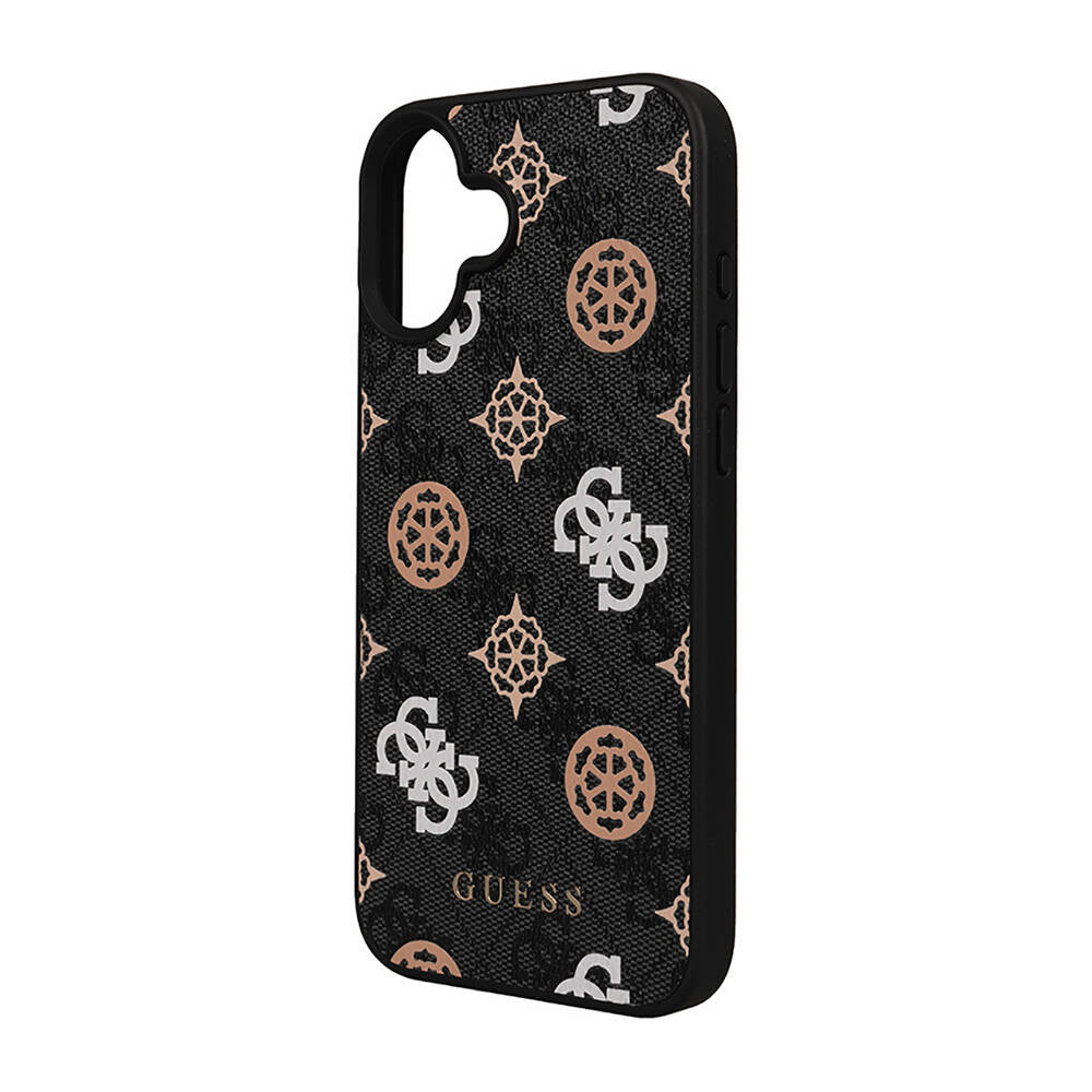 Apple iPhone 16 Plus Kılıf Guess Orjinal Lisanslı M-safe Şarj Özellikli 4G Desenli Yazı Logolu Peony Kapak Siyah