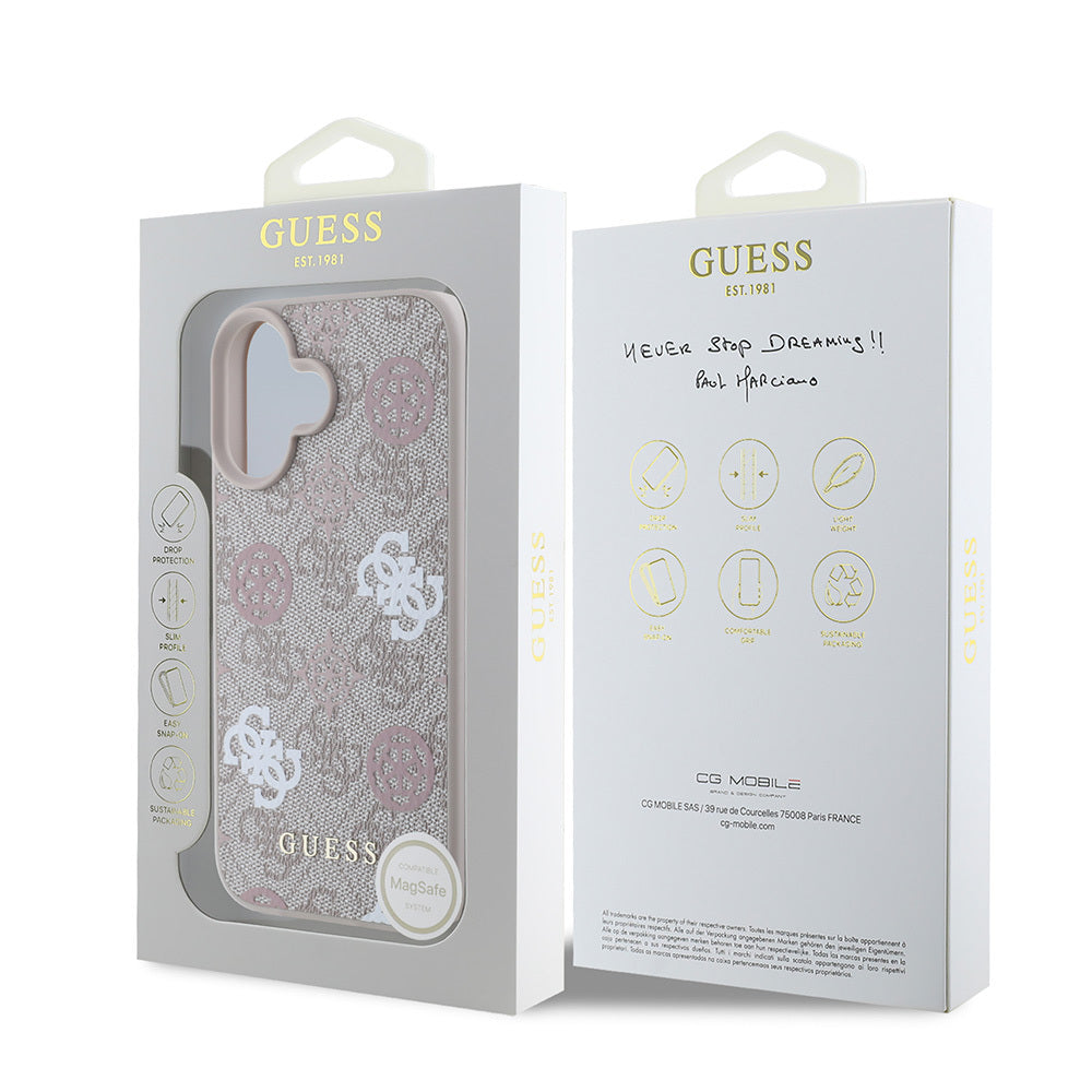 Apple iPhone 16 Plus Kılıf Guess Orjinal Lisanslı M-safe Şarj Özellikli 4G Desenli Yazı Logolu Peony Kapak Kahverengi