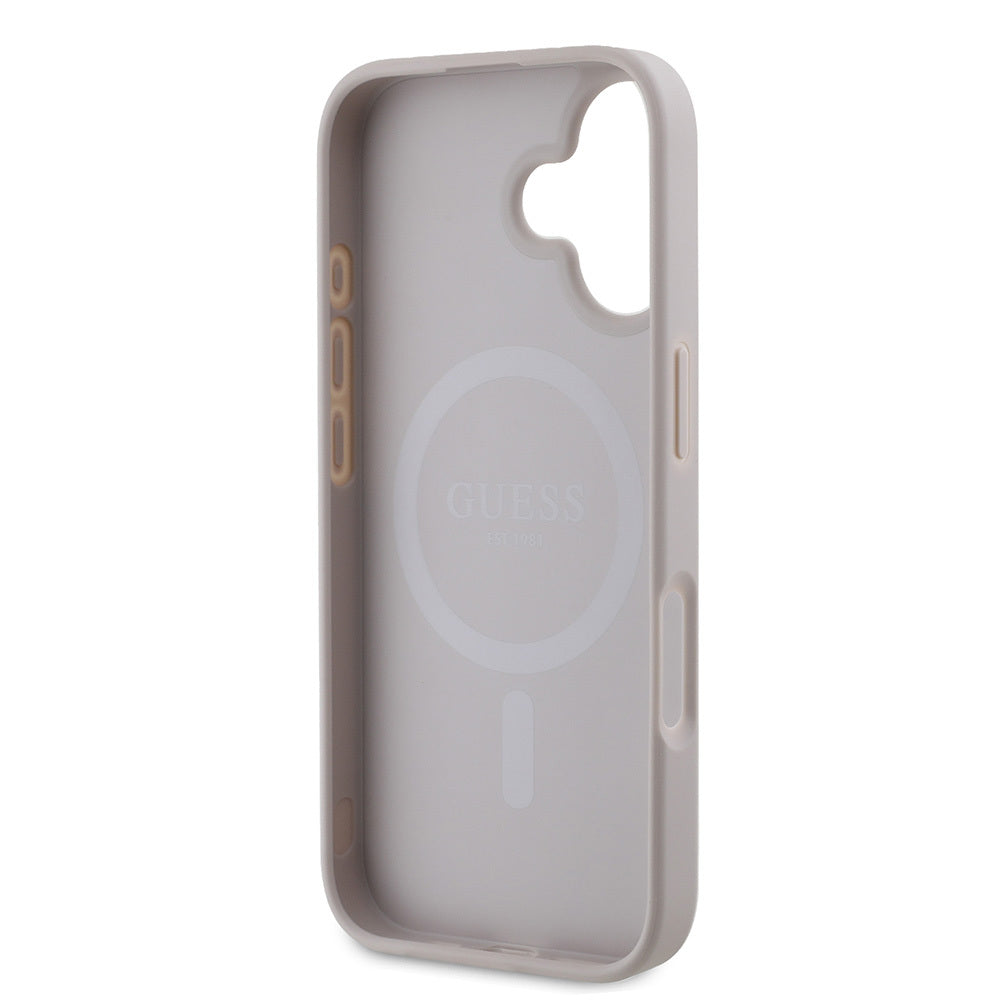 Apple iPhone 16 Plus Kılıf Guess Orjinal Lisanslı M-safe Şarj Özellikli 4G Desenli Yazı Logolu Peony Kapak Kahverengi