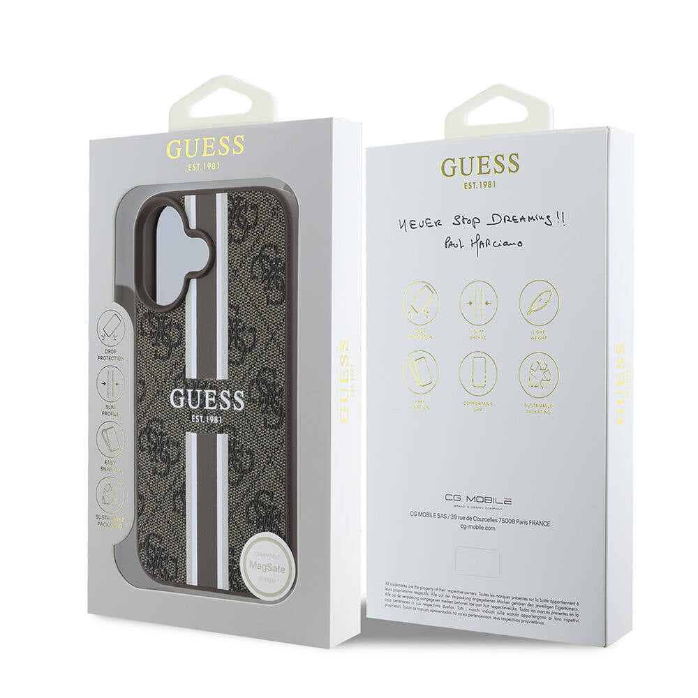 Apple iPhone 16 Plus Kılıf Guess Orjinal Lisanslı M-safe Şarj Özellikli 4G Şerit Tasarımlı Printed Kapak Siyah