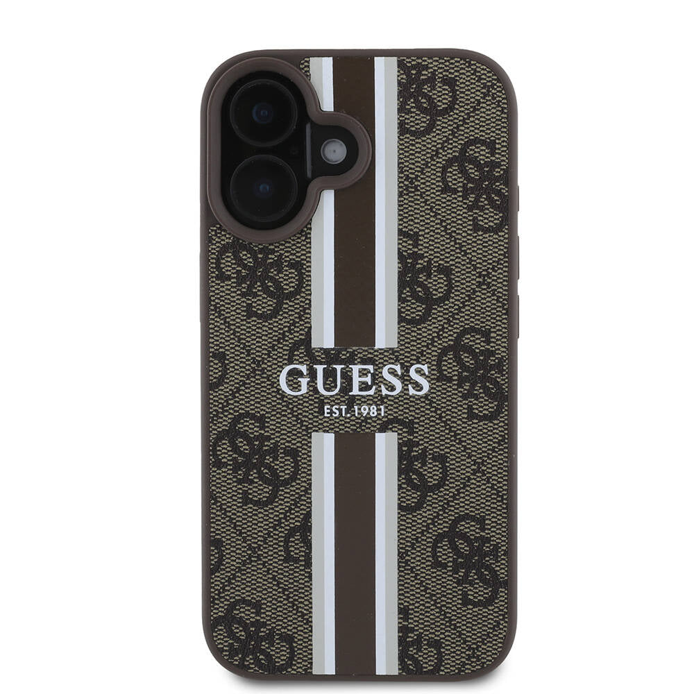 Apple iPhone 16 Plus Kılıf Guess Orjinal Lisanslı M-safe Şarj Özellikli 4G Şerit Tasarımlı Printed Kapak Kahverengi