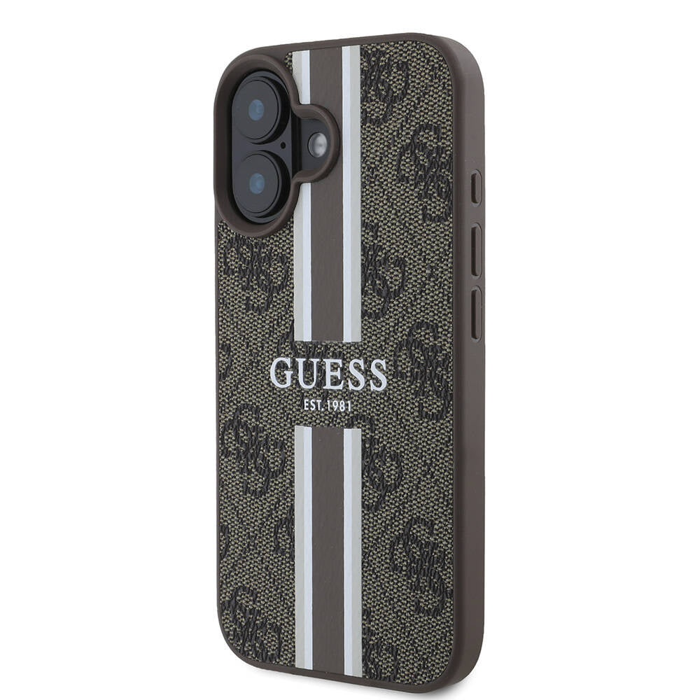 Apple iPhone 16 Plus Kılıf Guess Orjinal Lisanslı M-safe Şarj Özellikli 4G Şerit Tasarımlı Printed Kapak Siyah