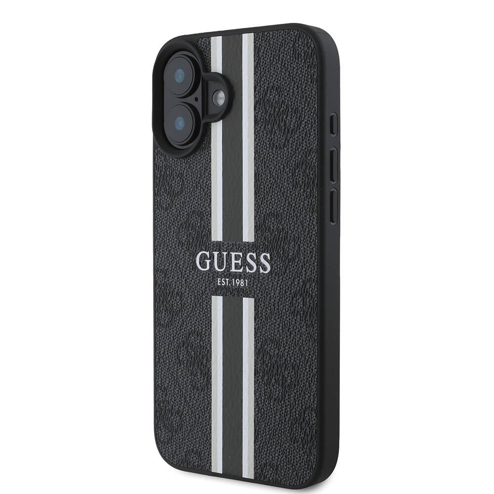 Apple iPhone 16 Plus Kılıf Guess Orjinal Lisanslı M-safe Şarj Özellikli 4G Şerit Tasarımlı Printed Kapak Siyah