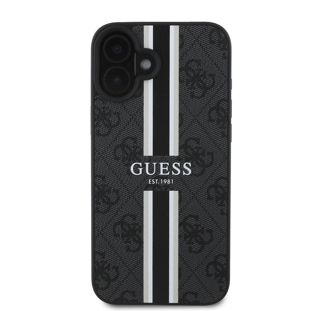 Apple iPhone 16 Plus Kılıf Guess Orjinal Lisanslı M-safe Şarj Özellikli 4G Şerit Tasarımlı Printed Kapak Siyah