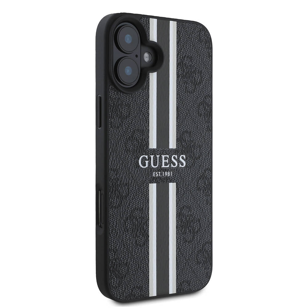 Apple iPhone 16 Plus Kılıf Guess Orjinal Lisanslı M-safe Şarj Özellikli 4G Şerit Tasarımlı Printed Kapak Siyah