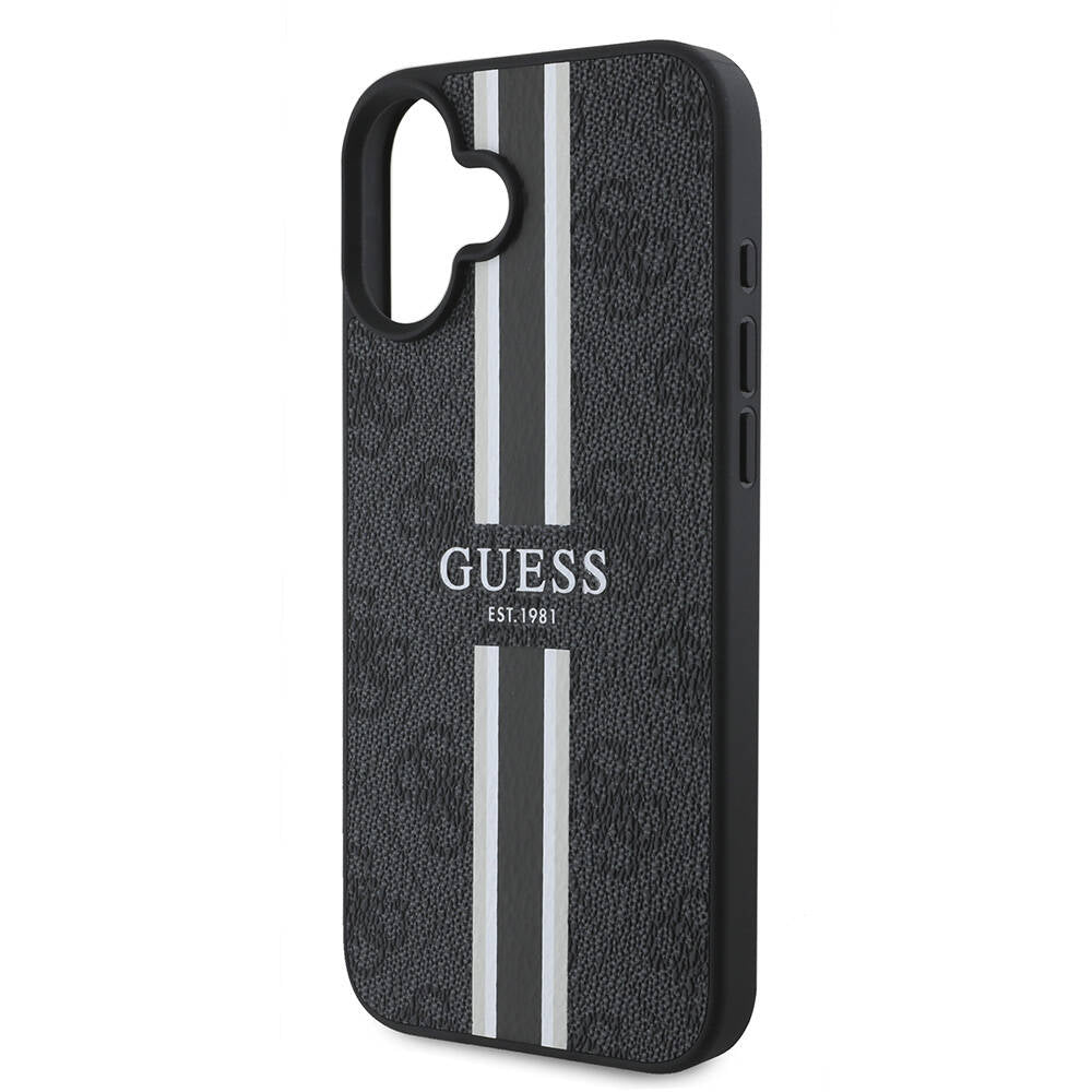 Apple iPhone 16 Plus Kılıf Guess Orjinal Lisanslı M-safe Şarj Özellikli 4G Şerit Tasarımlı Printed Kapak Siyah