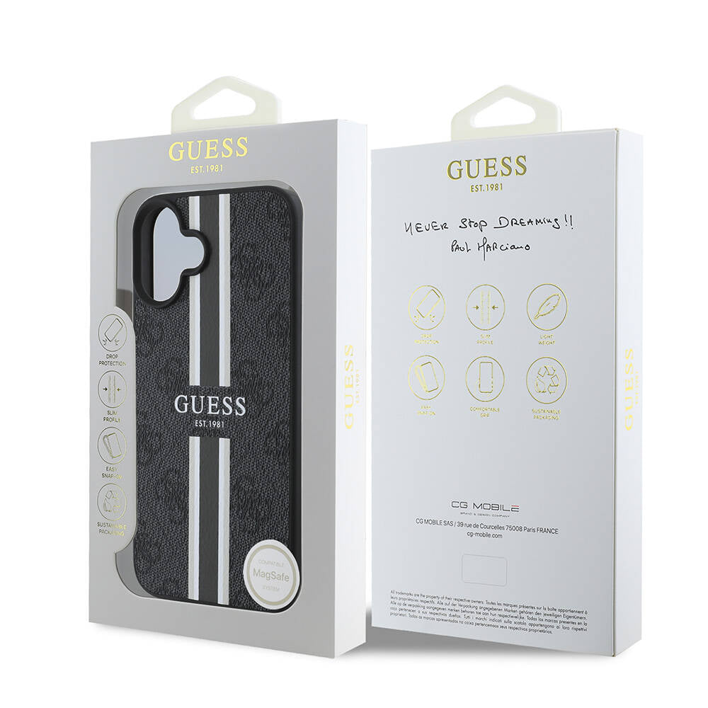 Apple iPhone 16 Plus Kılıf Guess Orjinal Lisanslı M-safe Şarj Özellikli 4G Şerit Tasarımlı Printed Kapak Kahverengi