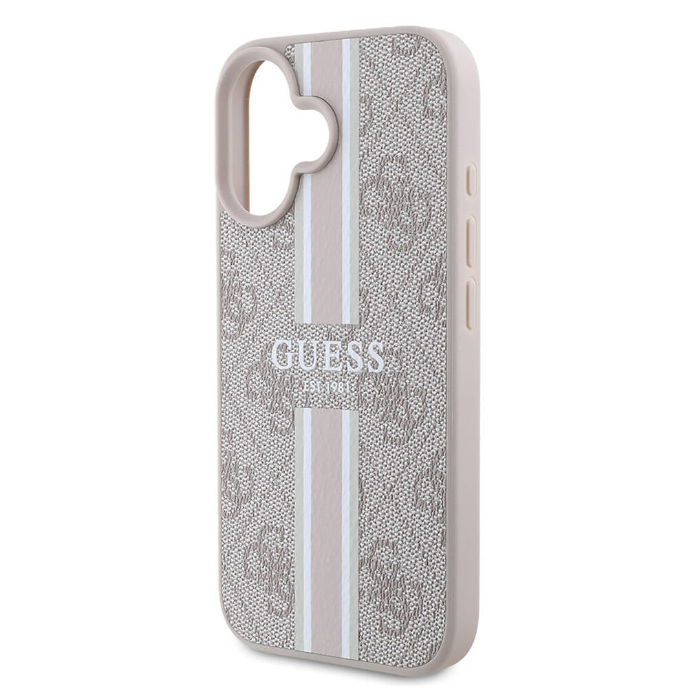 Apple iPhone 16 Plus Kılıf Guess Orjinal Lisanslı M-safe Şarj Özellikli 4G Şerit Tasarımlı Printed Kapak Siyah