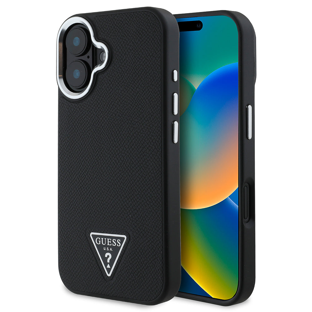 Apple iPhone 16 Plus Kılıf Guess Orjinal Lisanslı M-safe Şarj Özellikli Grained Triangle Kapak Siyah