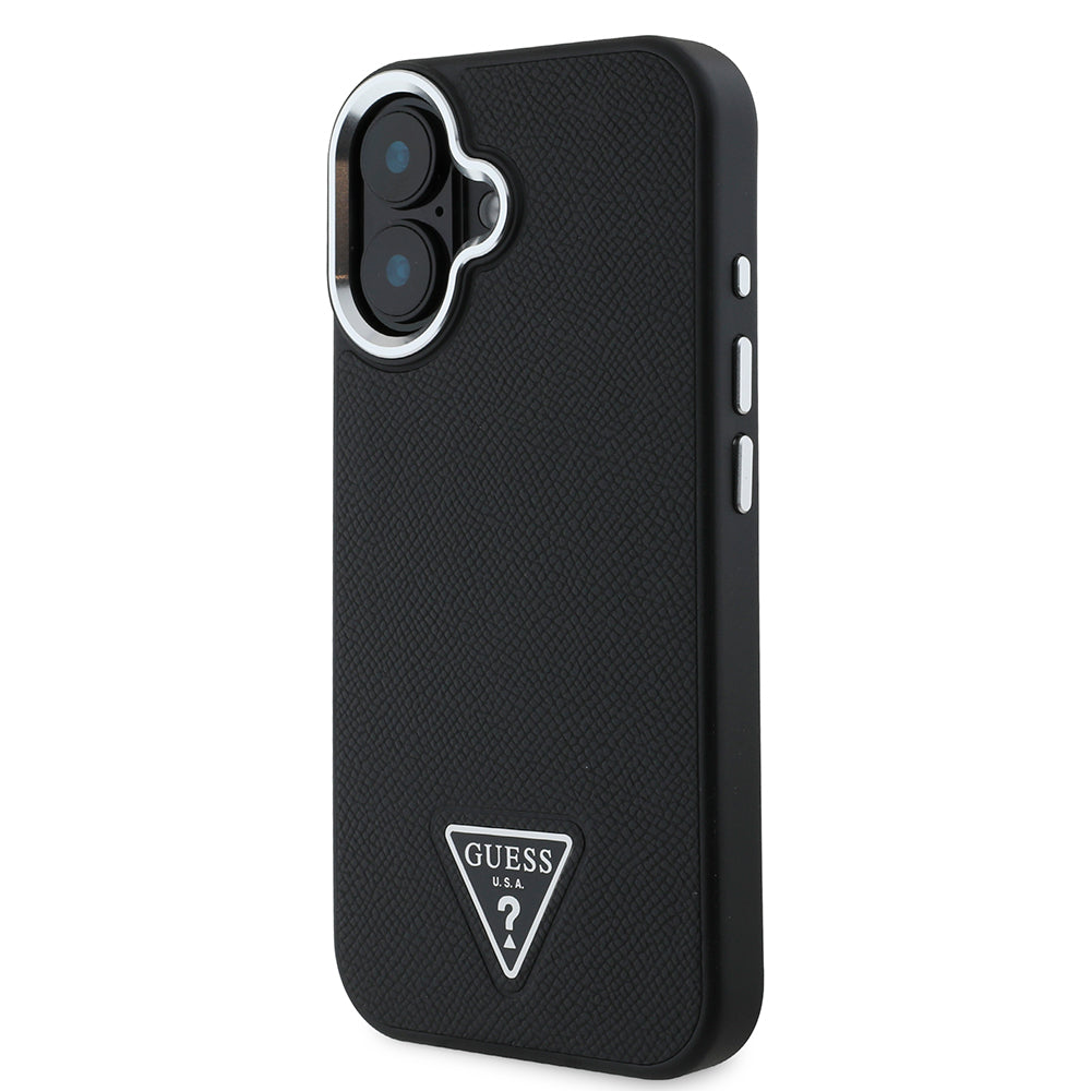 Apple iPhone 16 Plus Kılıf Guess Orjinal Lisanslı M-safe Şarj Özellikli Grained Triangle Kapak Kahverengi
