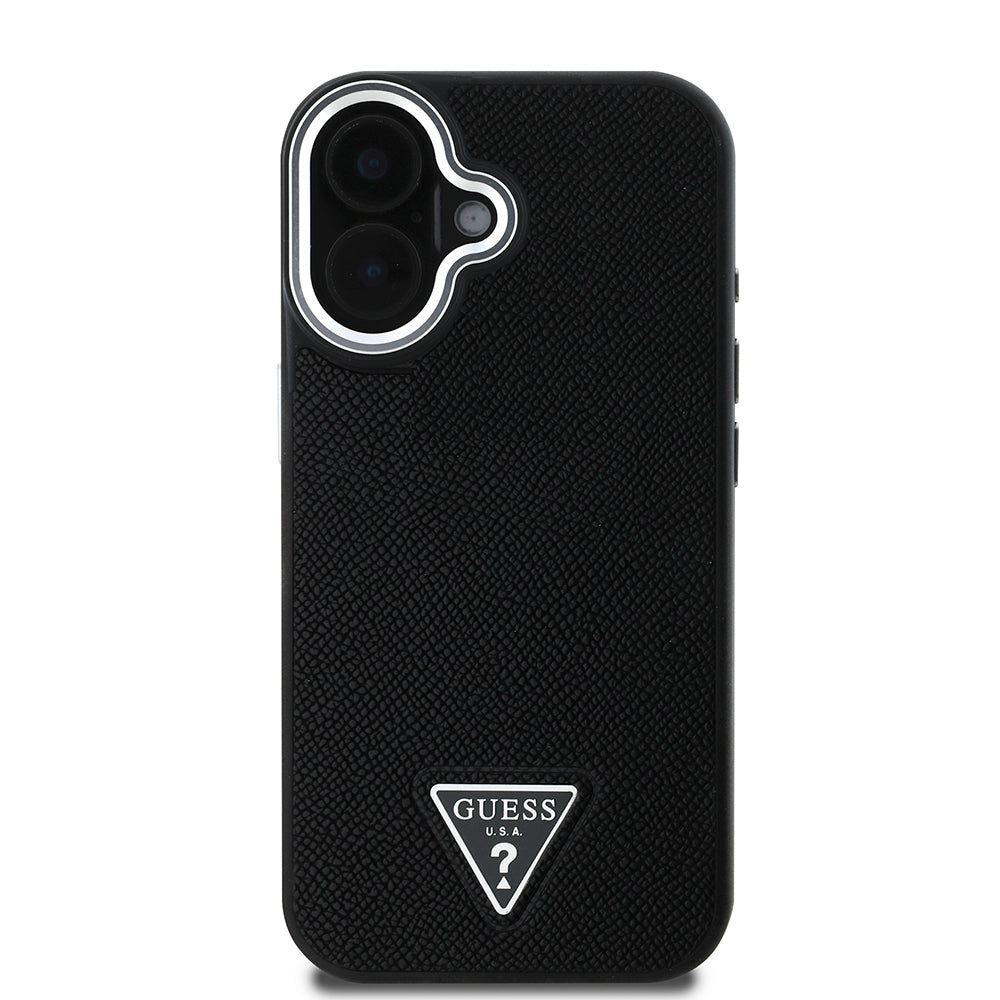 Apple iPhone 16 Plus Kılıf Guess Orjinal Lisanslı M-safe Şarj Özellikli Grained Triangle Kapak Siyah