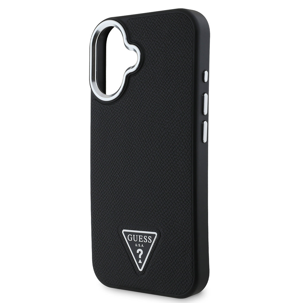 Apple iPhone 16 Plus Kılıf Guess Orjinal Lisanslı M-safe Şarj Özellikli Grained Triangle Kapak Siyah