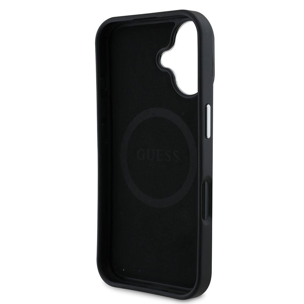 Apple iPhone 16 Plus Kılıf Guess Orjinal Lisanslı M-safe Şarj Özellikli Grained Triangle Kapak Siyah