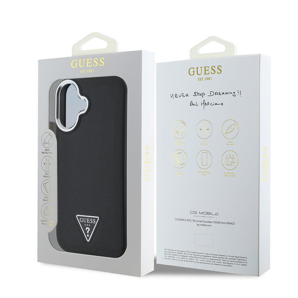 Apple iPhone 16 Plus Kılıf Guess Orjinal Lisanslı M-safe Şarj Özellikli Grained Triangle Kapak Siyah