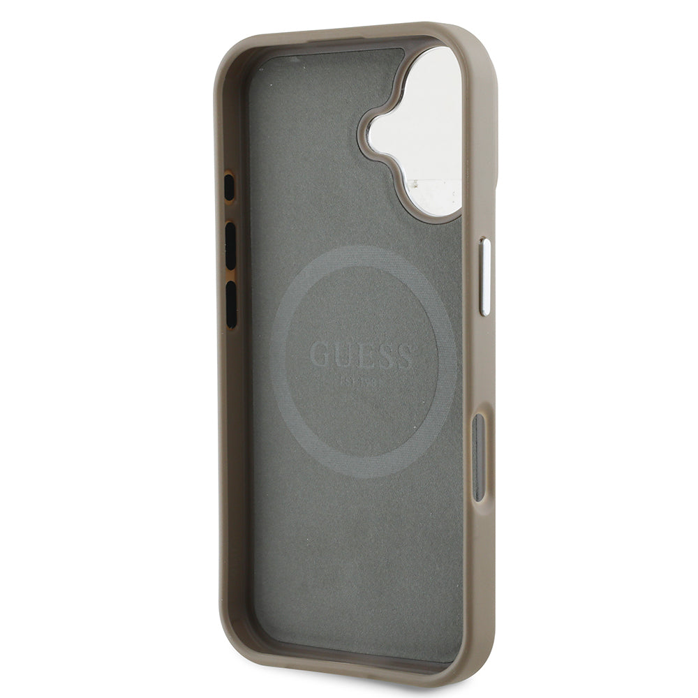 Apple iPhone 16 Plus Kılıf Guess Orjinal Lisanslı M-safe Şarj Özellikli Grained Triangle Kapak Siyah