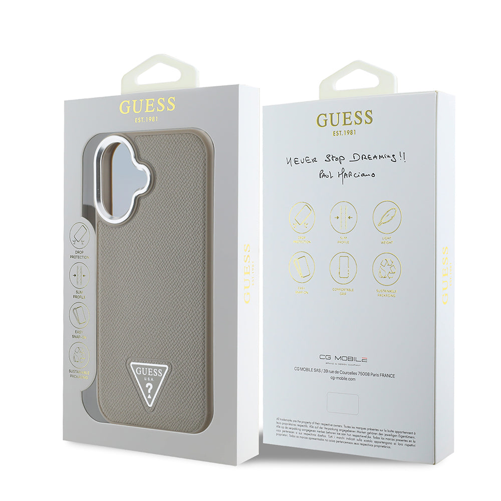 Apple iPhone 16 Plus Kılıf Guess Orjinal Lisanslı M-safe Şarj Özellikli Grained Triangle Kapak Siyah
