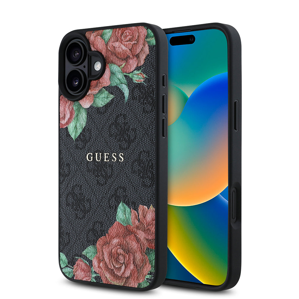 Apple iPhone 16 Plus Kılıf Guess Orjinal Lisanslı M-safe Şarj Özellikli Gül Baskılı 4G Desenli Yazı Logolu Kapak Siyah