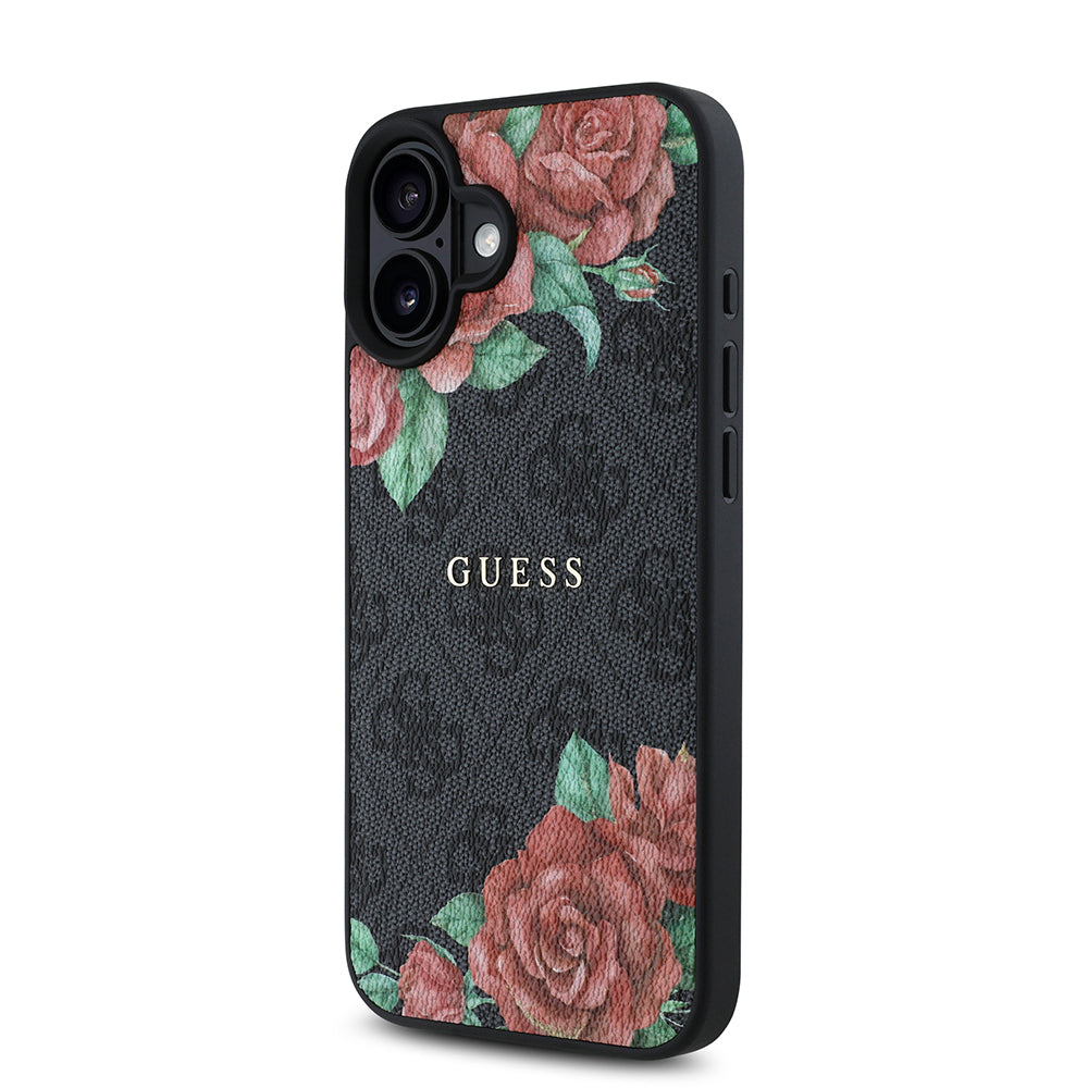 Apple iPhone 16 Plus Kılıf Guess Orjinal Lisanslı M-safe Şarj Özellikli Gül Baskılı 4G Desenli Yazı Logolu Kapak Siyah