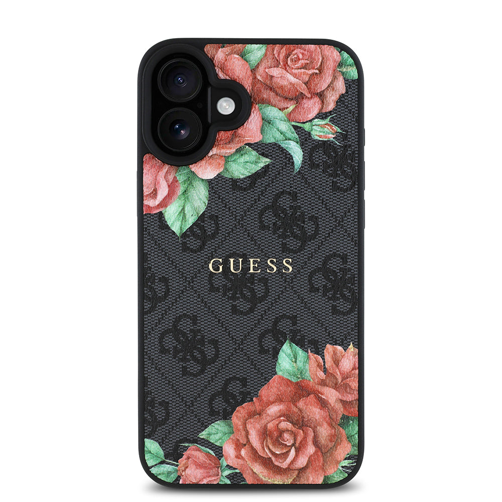 Apple iPhone 16 Plus Kılıf Guess Orjinal Lisanslı M-safe Şarj Özellikli Gül Baskılı 4G Desenli Yazı Logolu Kapak Siyah