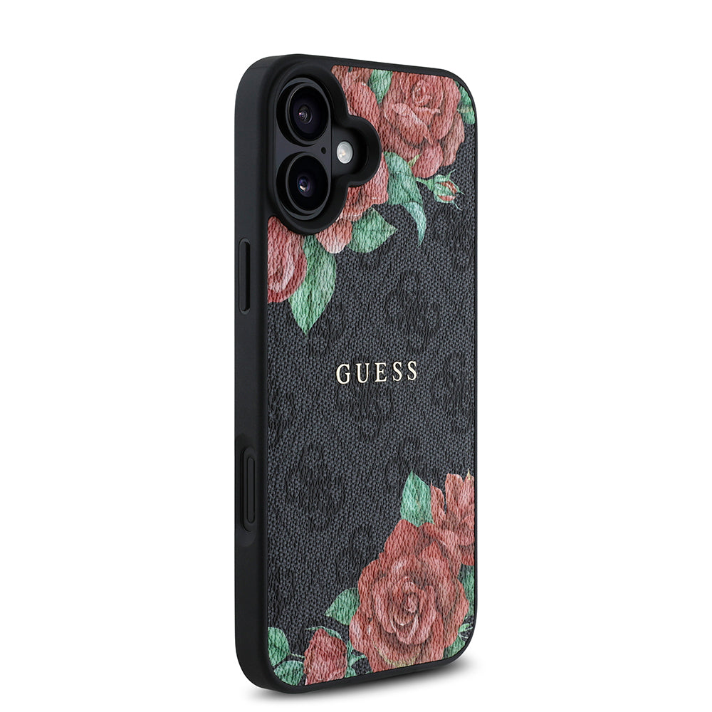 Apple iPhone 16 Plus Kılıf Guess Orjinal Lisanslı M-safe Şarj Özellikli Gül Baskılı 4G Desenli Yazı Logolu Kapak Siyah