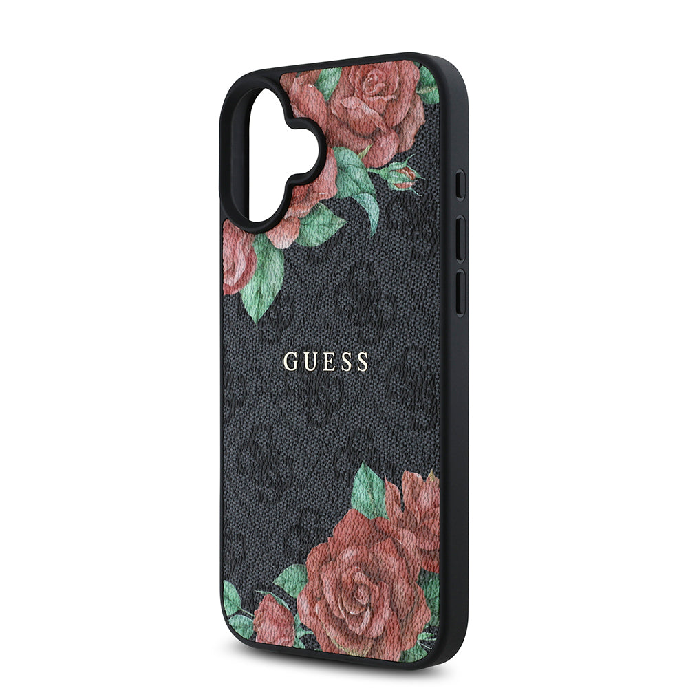 Apple iPhone 16 Plus Kılıf Guess Orjinal Lisanslı M-safe Şarj Özellikli Gül Baskılı 4G Desenli Yazı Logolu Kapak Siyah