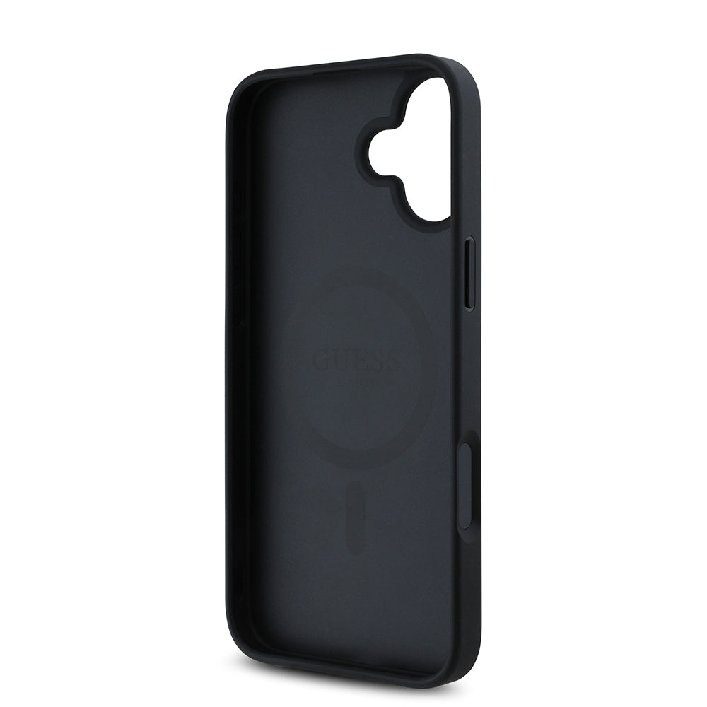 Apple iPhone 16 Plus Kılıf Guess Orjinal Lisanslı M-safe Şarj Özellikli Gül Baskılı 4G Desenli Yazı Logolu Kapak Siyah