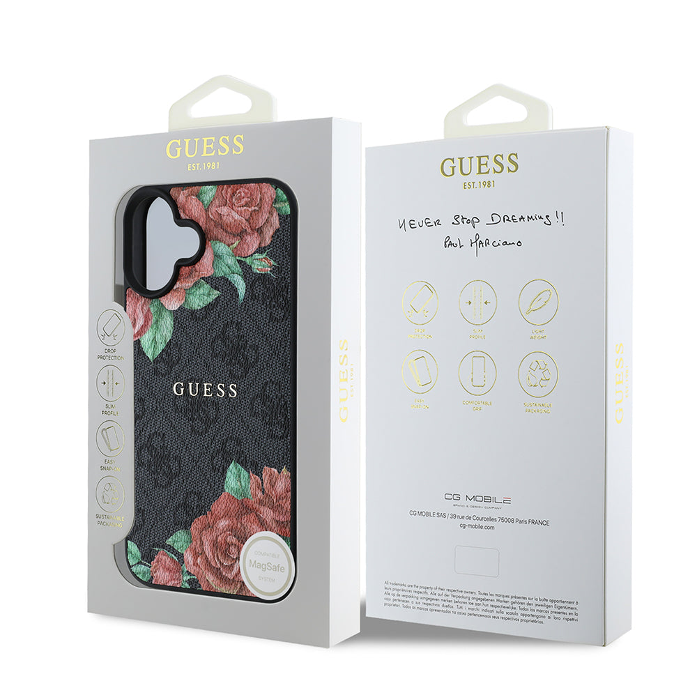 Apple iPhone 16 Plus Kılıf Guess Orjinal Lisanslı M-safe Şarj Özellikli Gül Baskılı 4G Desenli Yazı Logolu Kapak Siyah